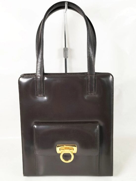Salvatore Ferragamo Handbags - Salvatore Ferragamo Gancini Gold Hardware Double Top Handle Bag Dark Brown